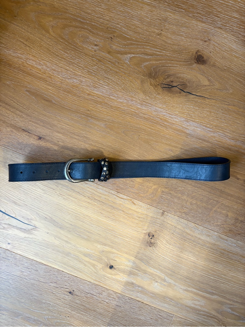 Dark Blue Faux Leather Studded Wrap Waist Thick Belt Antiqued Brass Buckle